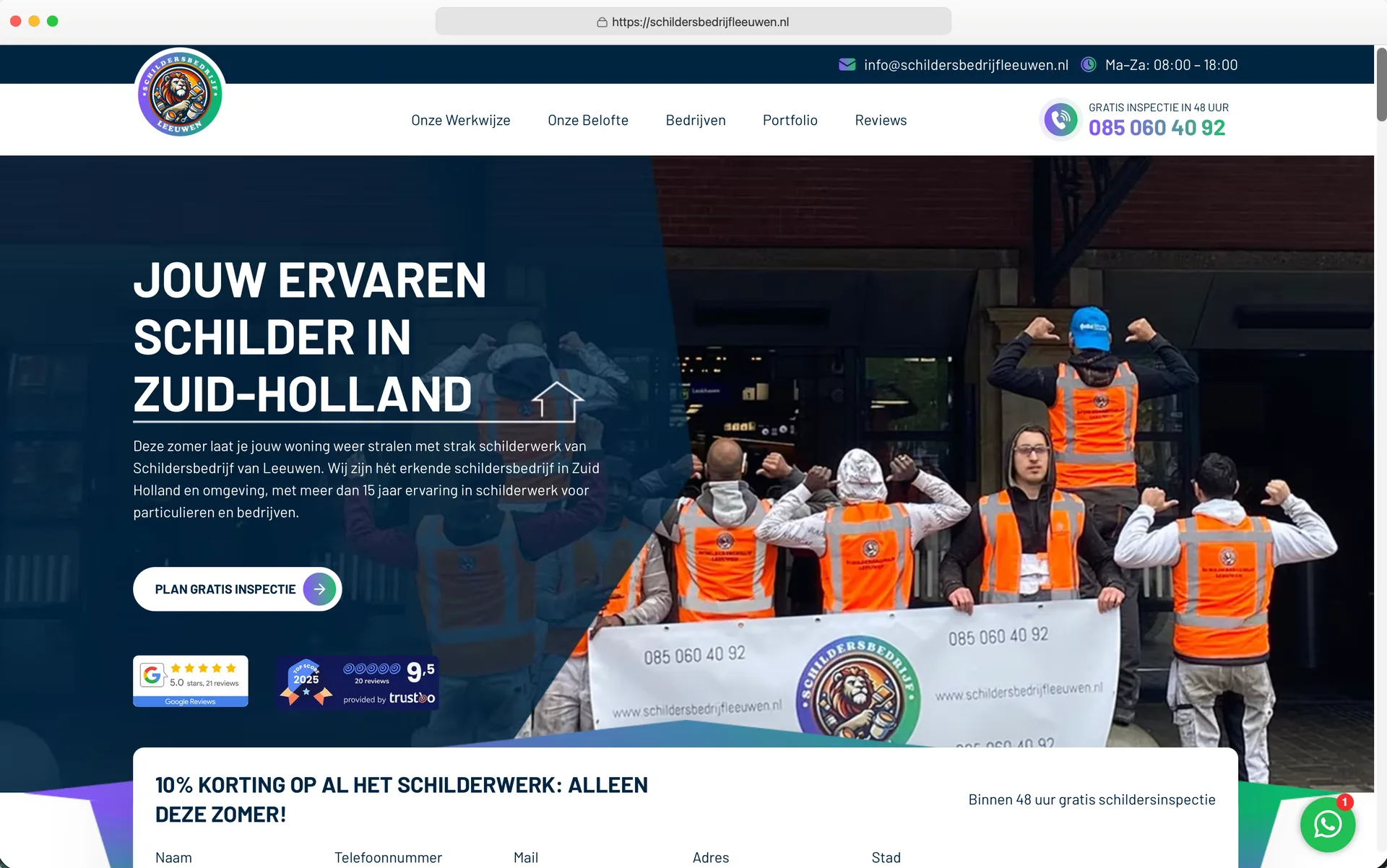 De website van Schildersbedrijf van Leeuwen in een browservenster, gebouwd door SchildersMarketing